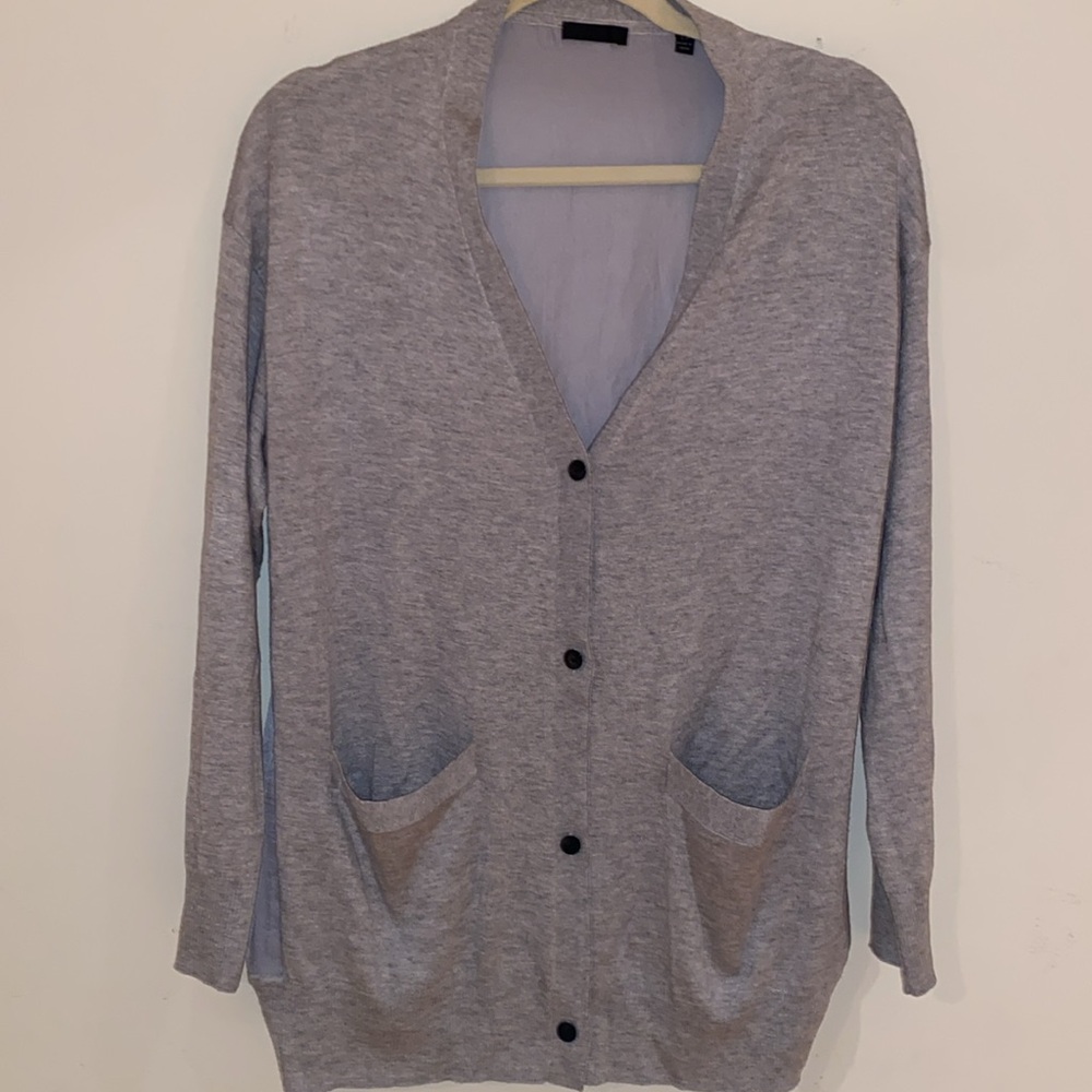 ATM satin back light gray cardigan silk cashmere blend v-neck Sz S